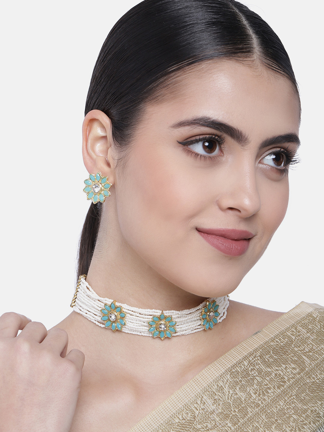 

I Jewels Gold-Plated & White Floral Studded Choker Jewellery Set