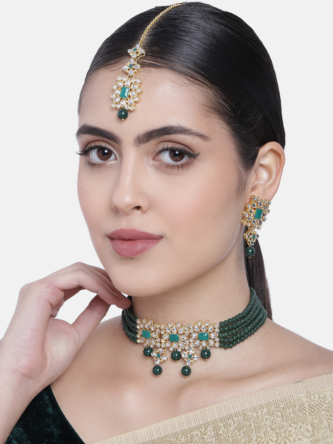 

I Jewels Green Gold-Plated Kundan & Pearl-Studded Necklace Jewellery Set