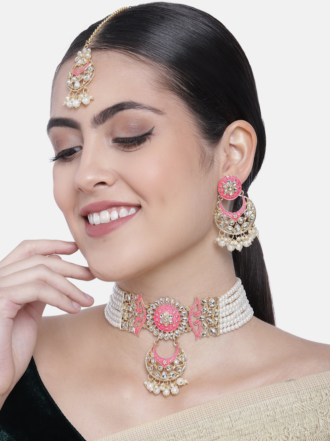 

I Jewels Pink & White Gold Plated Kundan & Pearl Studded Meenakari Necklace Set