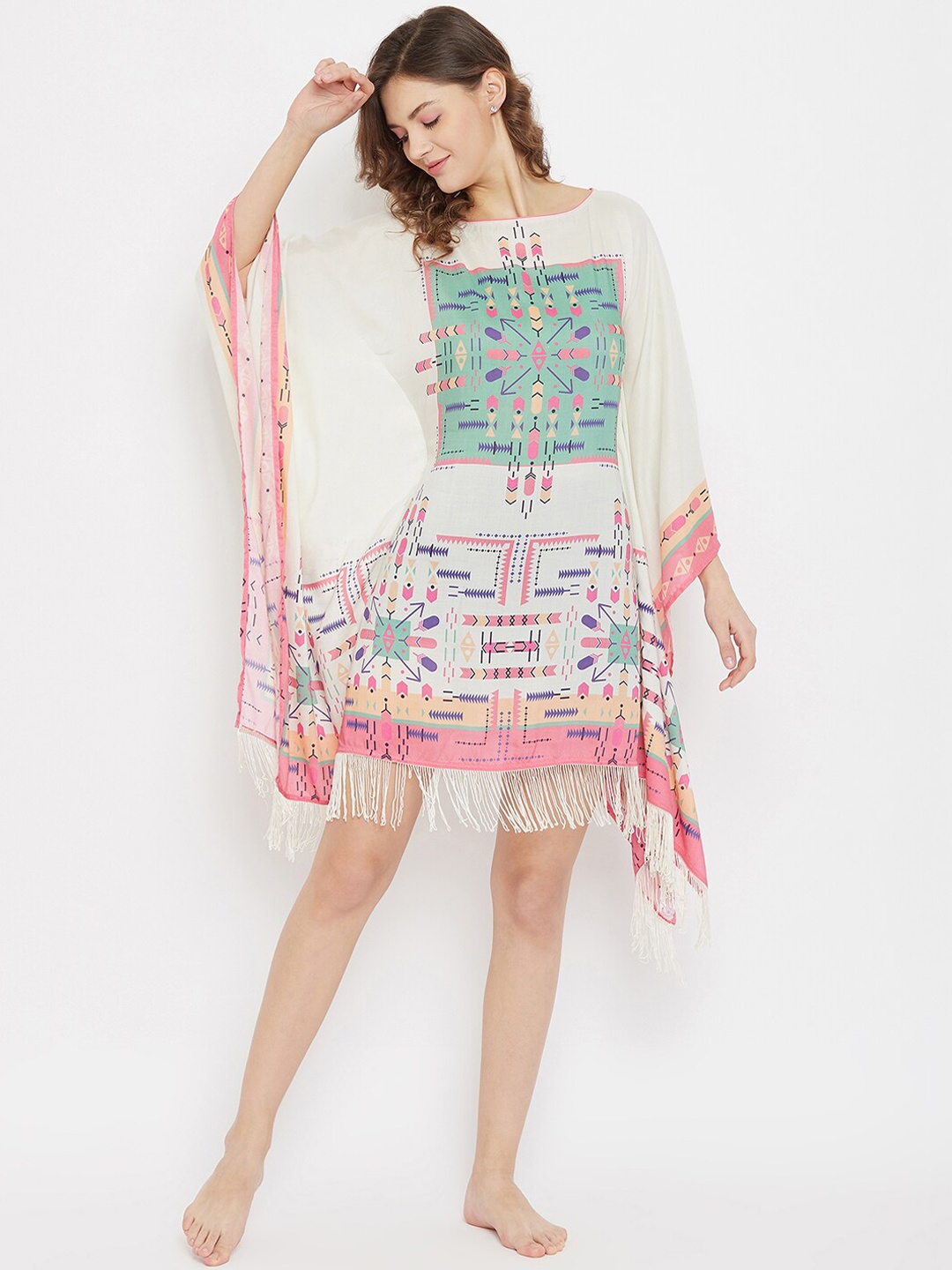 

The Kaftan Company Women Off -White & Pink Printed Kaftan Cover-Up Swimwear