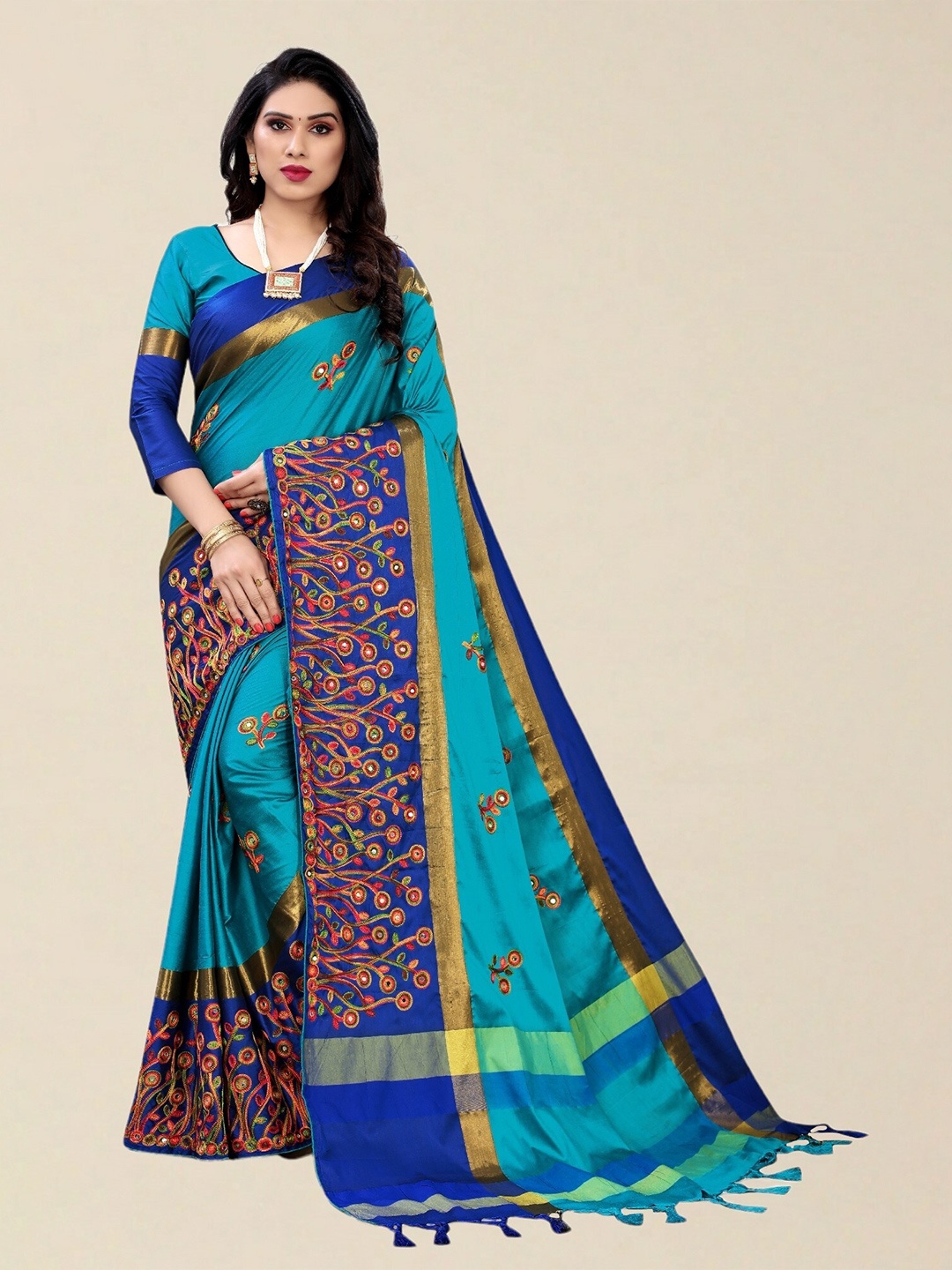 

SERONA FABRICS Turquoise Blue & Gold-Toned Thread Work Embroidered Silk Cotton Saree