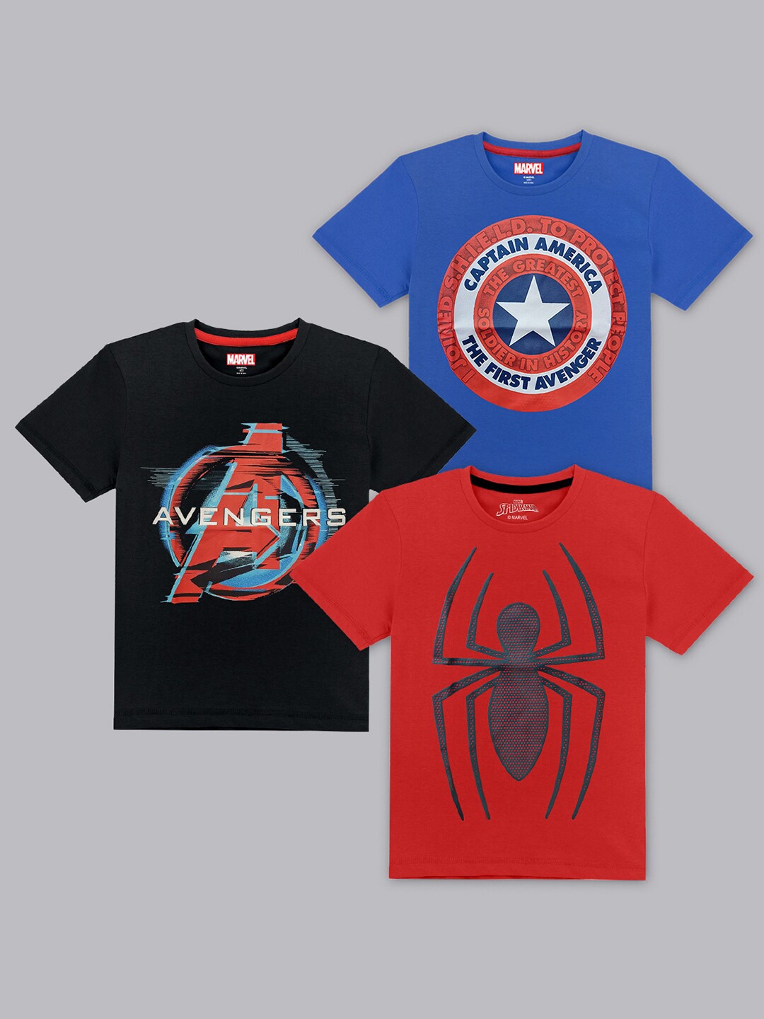 

Kids Ville Boys Red, Blue & Black Pack Of 3 Printed Marvel Comic Printed T-shirt