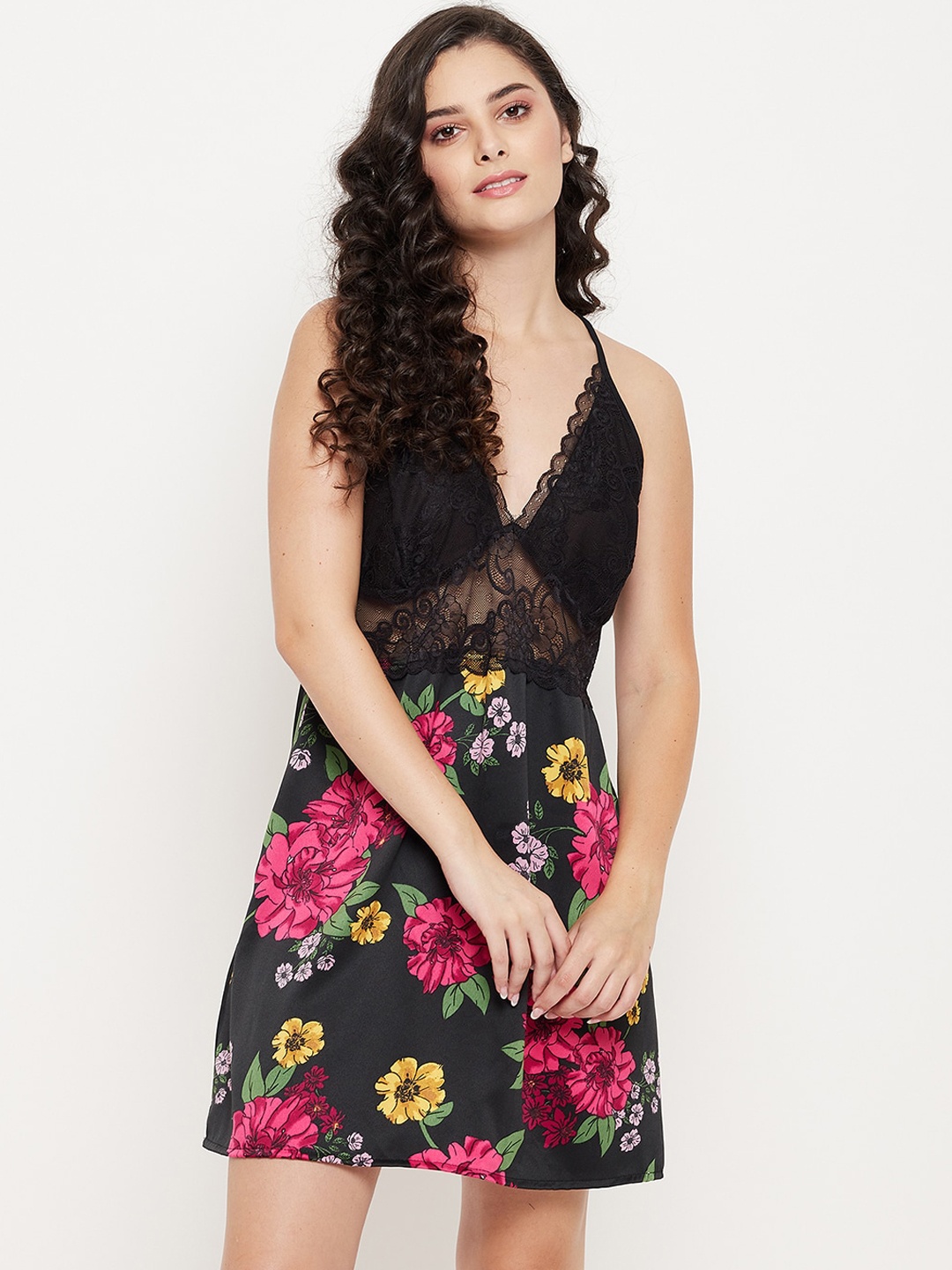 

Clovia Women Black Floral Printed Baby Dolls