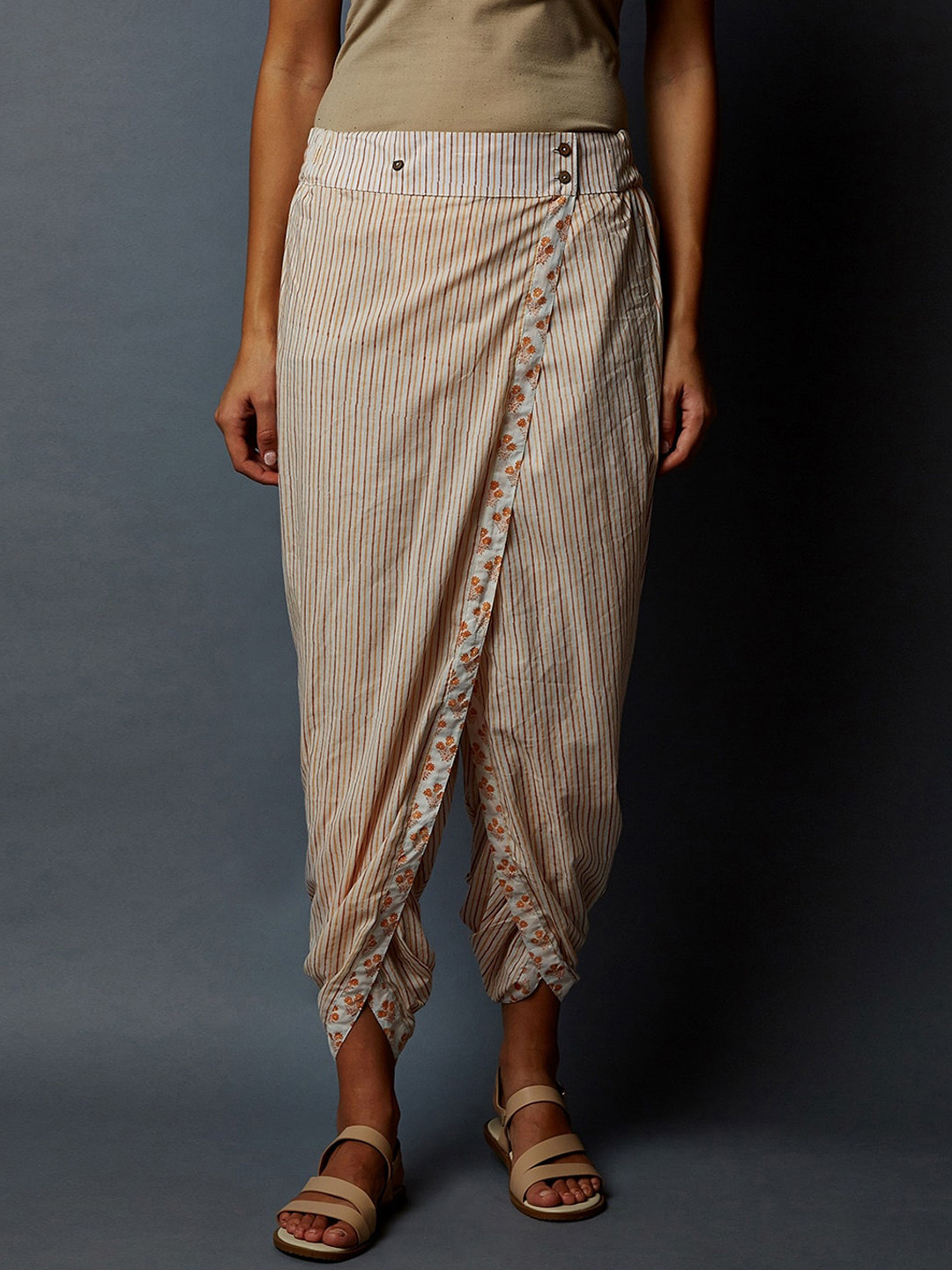 

Indian Dobby Women Peach Printed Pure Cotton Front Overlap Dhoti Pants
