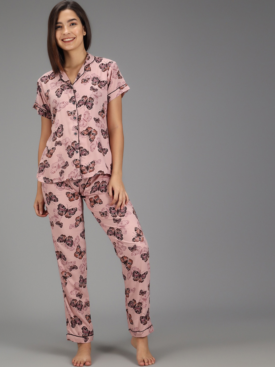 

SEPHANI Women Pink & Black Printed Night suit