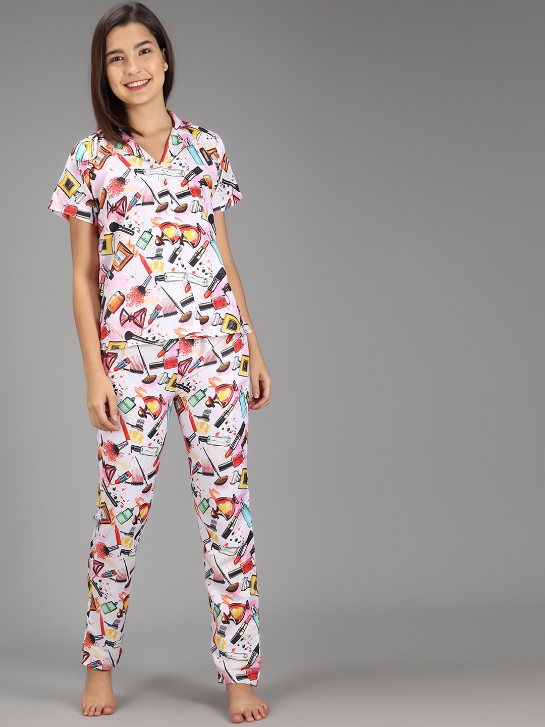 

SEPHANI Women White & Pink Printed Night suit