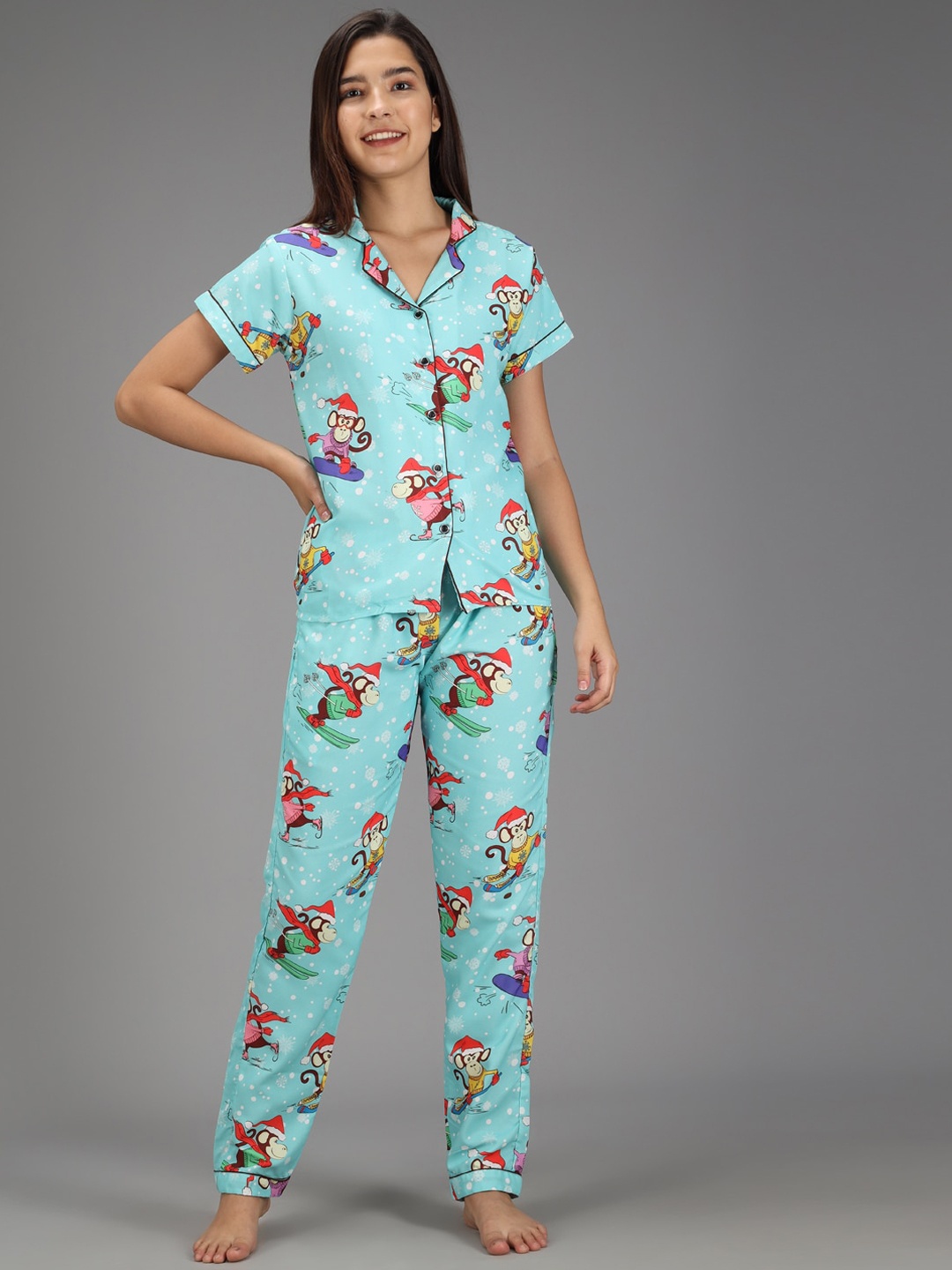 

SEPHANI Women Turquoise Blue & Red Printed Night suit