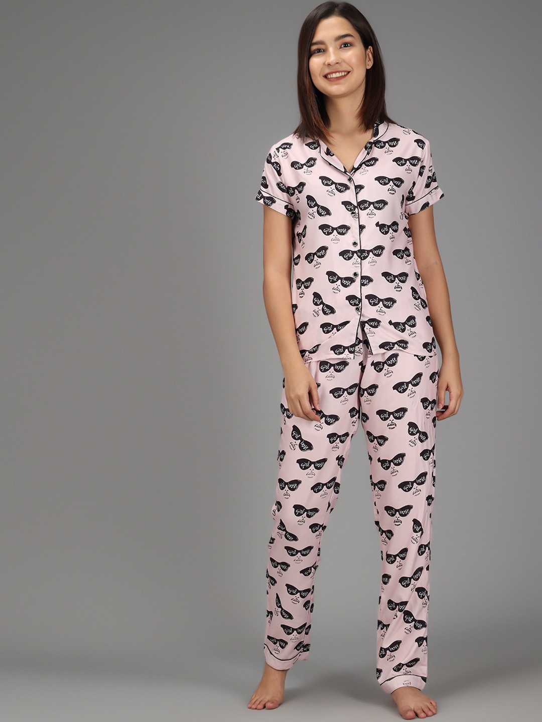 

SEPHANI Women Pink & Black Printed Night suit