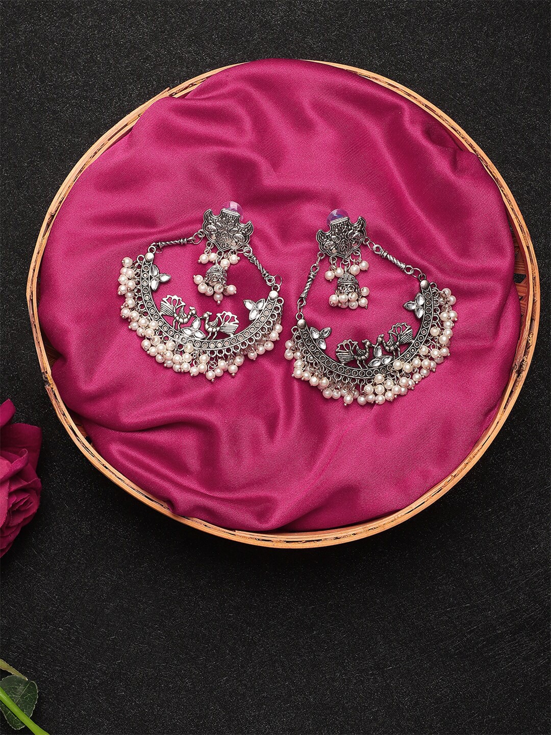 

KACY Silver-Plated & White Pearl Peacock Shaped Drop Earrings