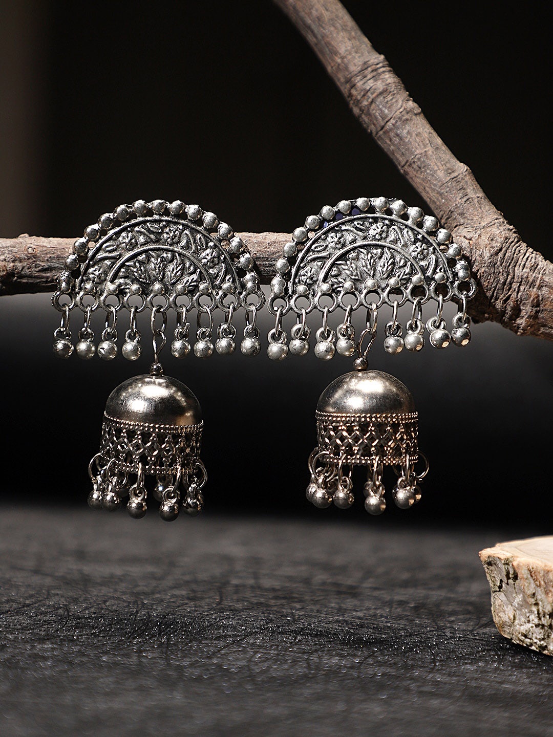 

KACY Silver-Plated Oxidised Jhumkas