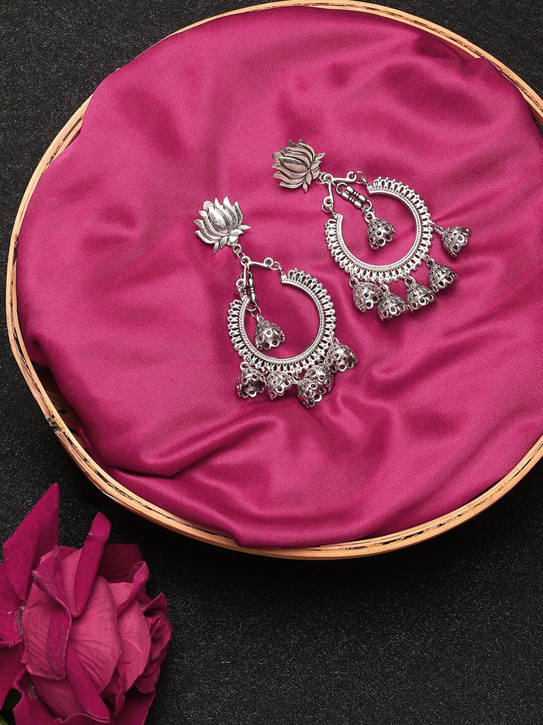 

KACY Silver-Toned Floral Oxidised Jhumkas