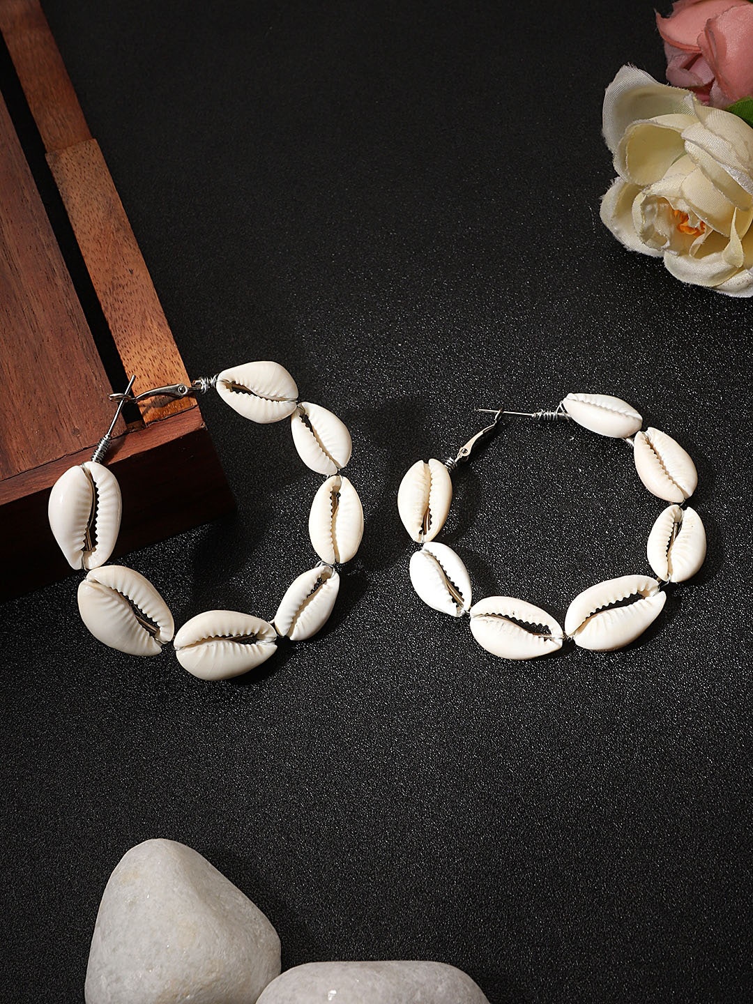 

KACY White & Silver-Plated Circular Beaded Hoop Earrings