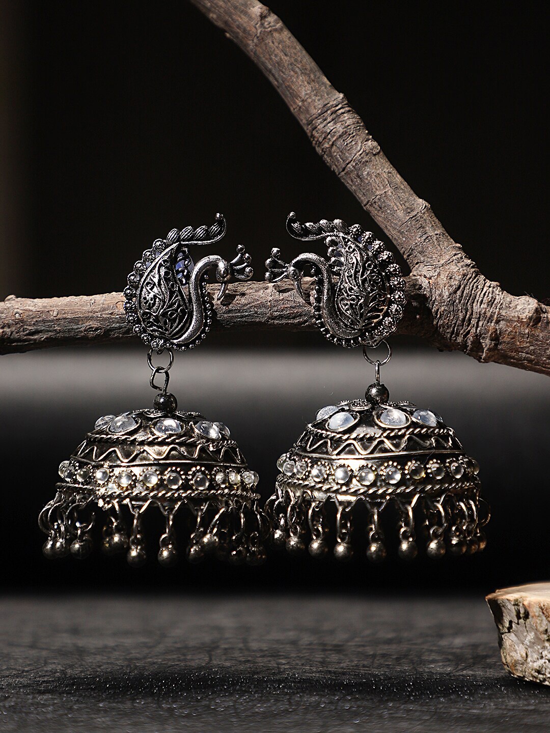

KACY Silver-Plated Oxidised Peacock Shaped Drop Earrings