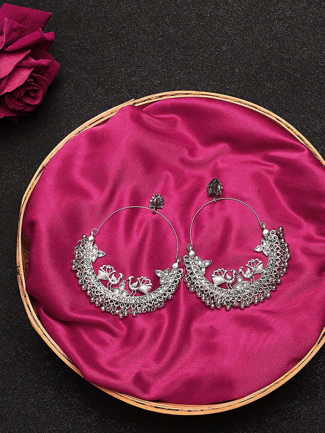 

KACY Silver-Toned Peacock Shaped Chandbalis Earrings