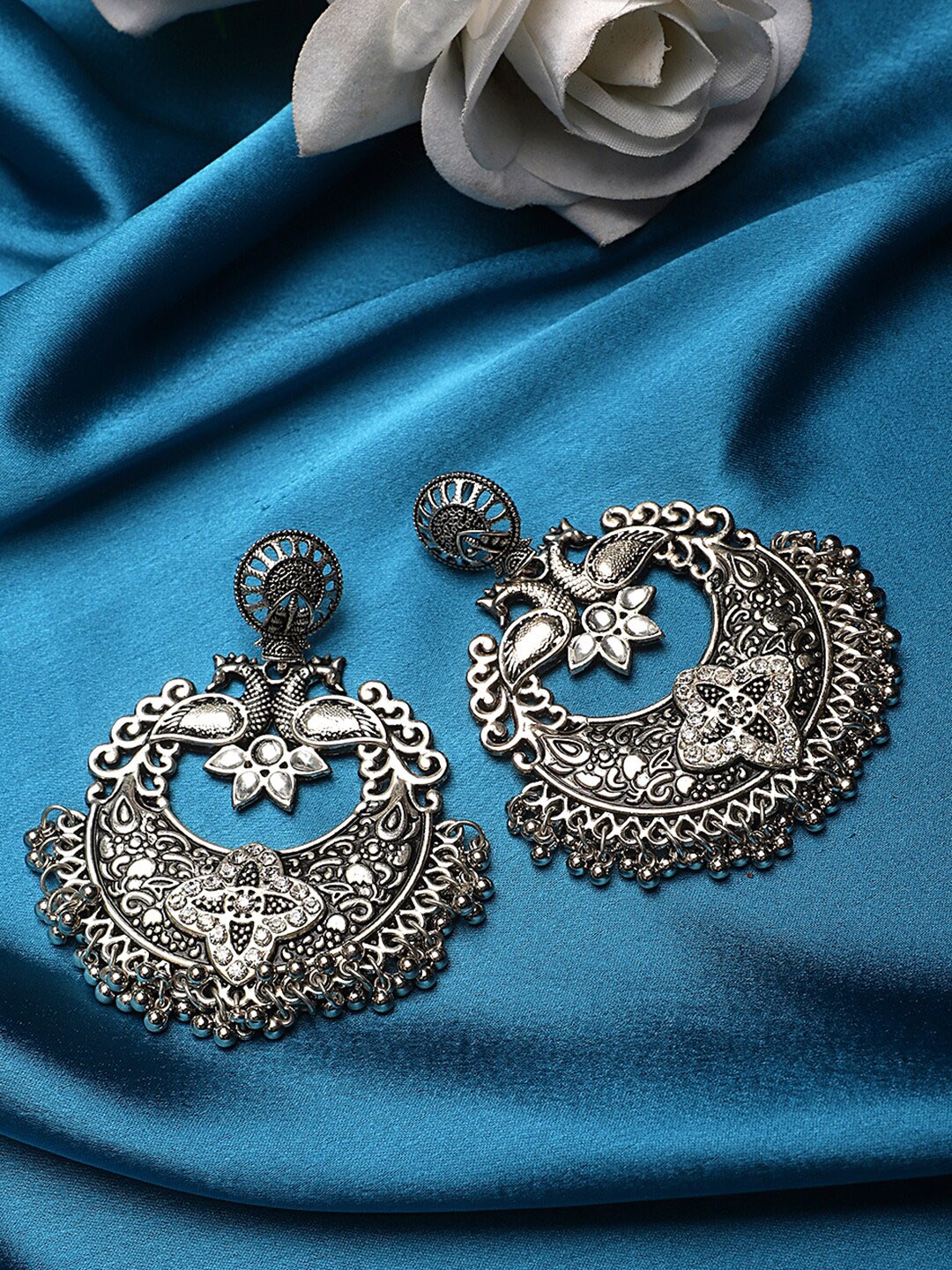 

KACY Silver-Toned & Black Peacock Shaped Chandbalis Earrings