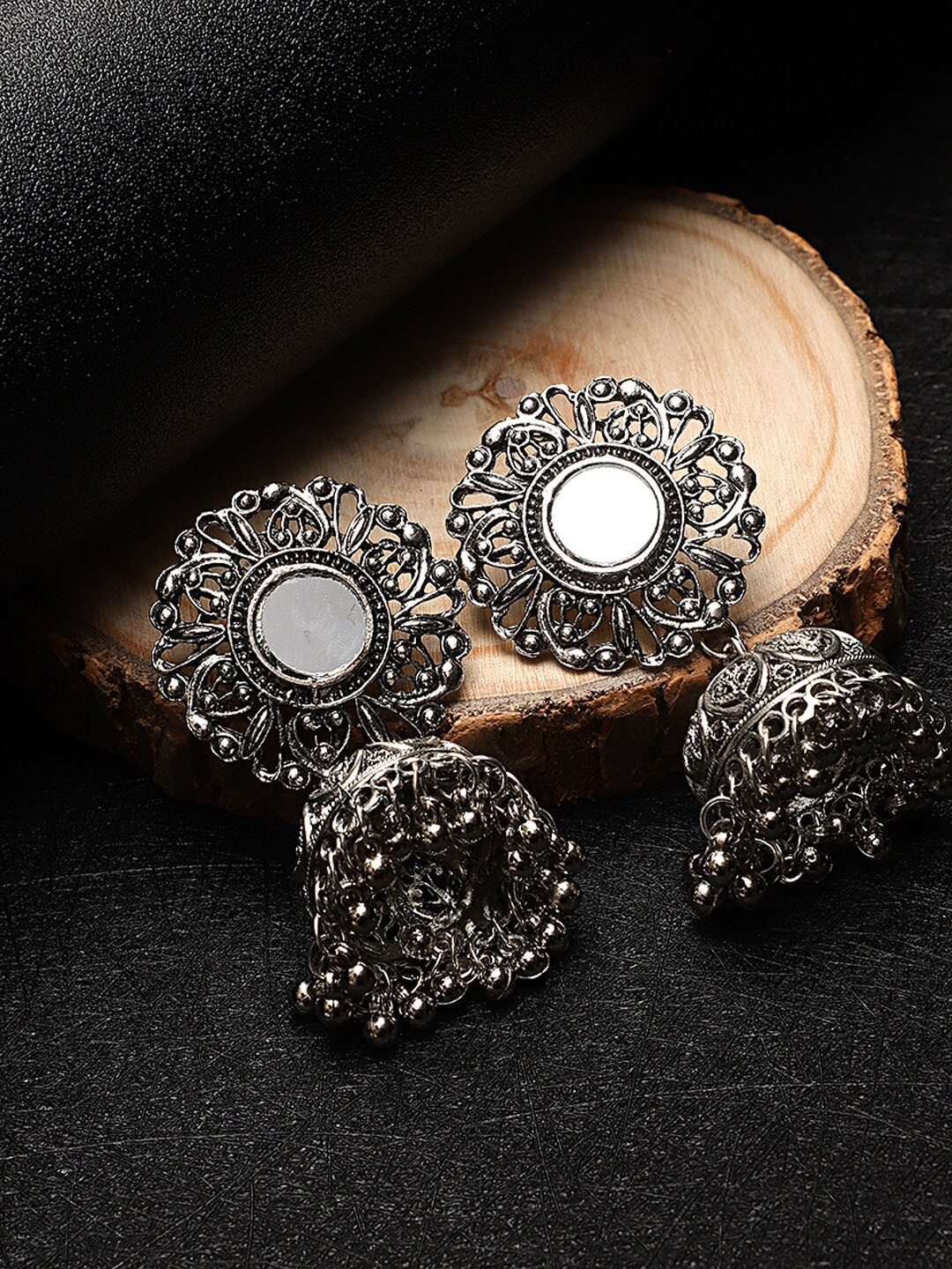 

KACY Silver-Plated Oxidised Mirror Work Dome Shaped Jhumkas
