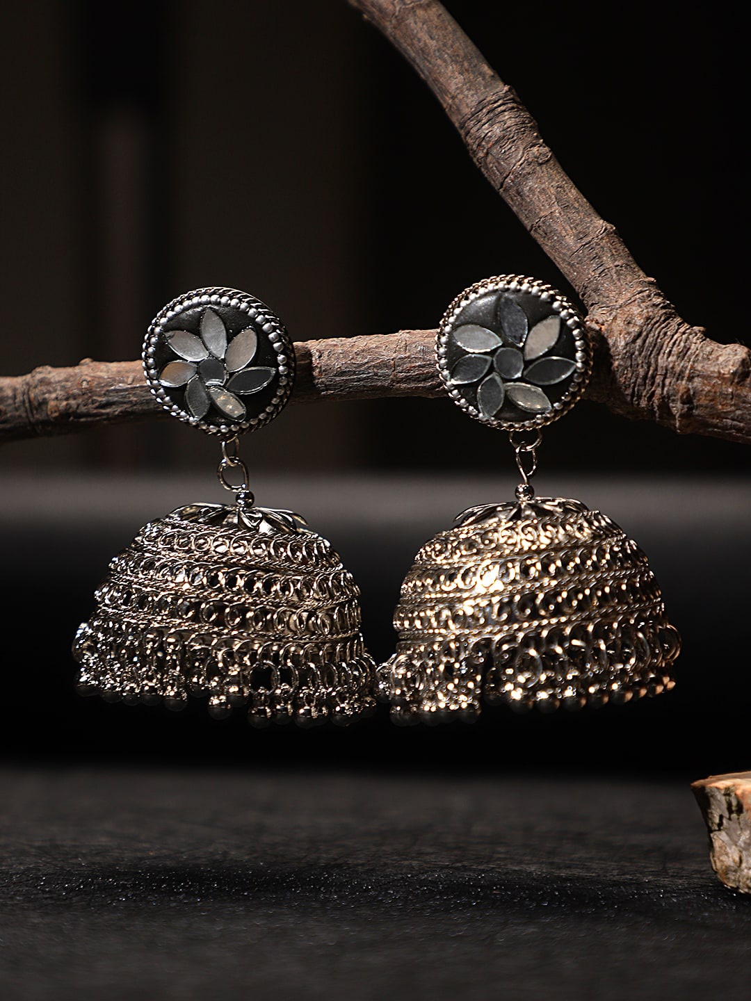 

KACY Silver-Plated Dome Shaped Mirror Work Jhumkas Earrings