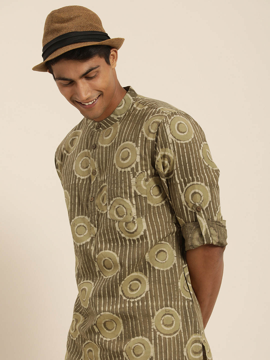 

Taavi Men Olive Green & Beige Bagru Block Printed Pure Cotton A-Line Kurta