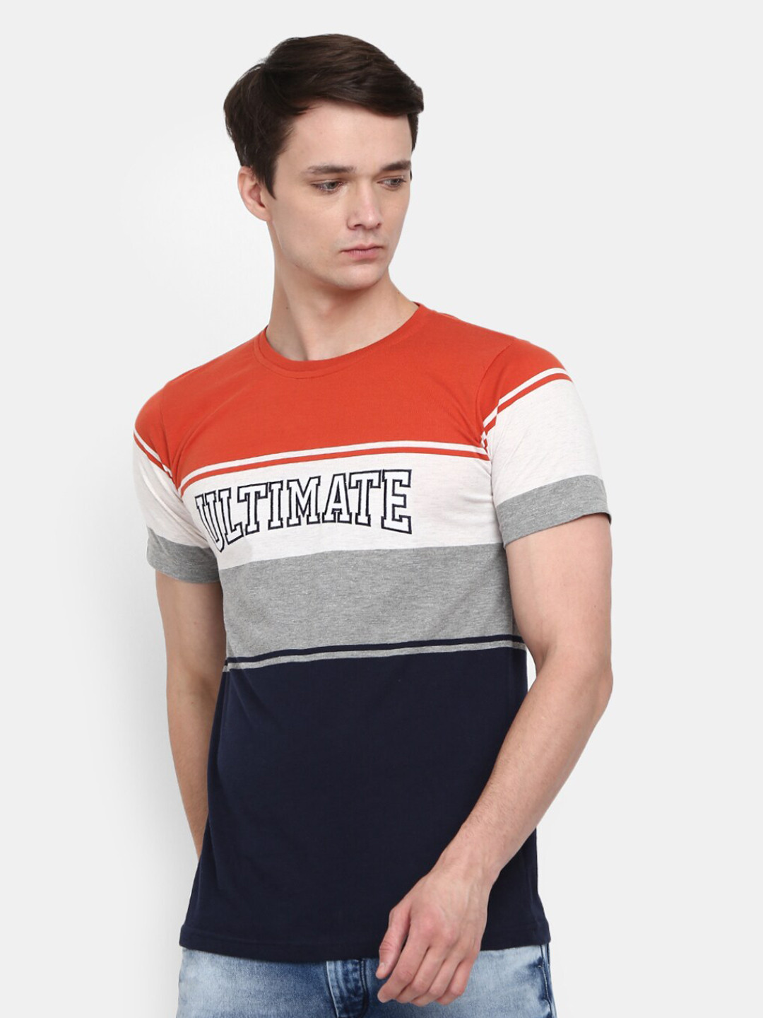 

V-Mart Men Navy Blue & Orange Colourblocked Cotton Slim Fit T-shirt