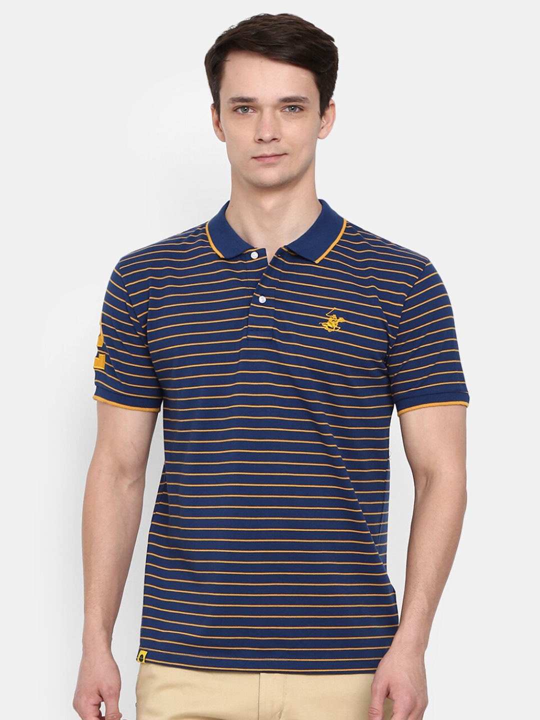 

V-Mart Men Blue Striped Polo Collar Slim Fit T-shirt