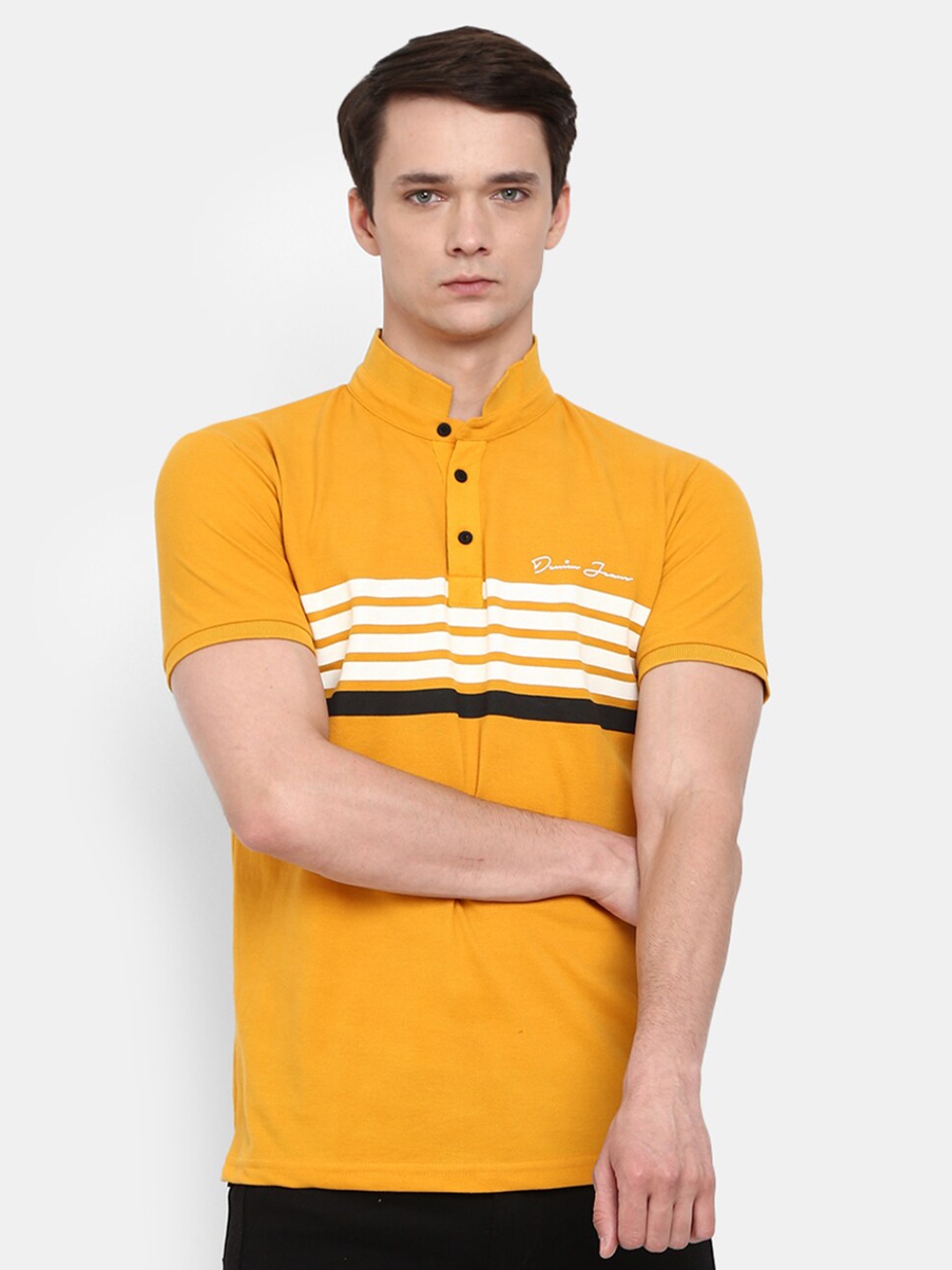 

V-Mart Men Mustard Yellow Striped High Neck Slim Fit Cotton T-shirt