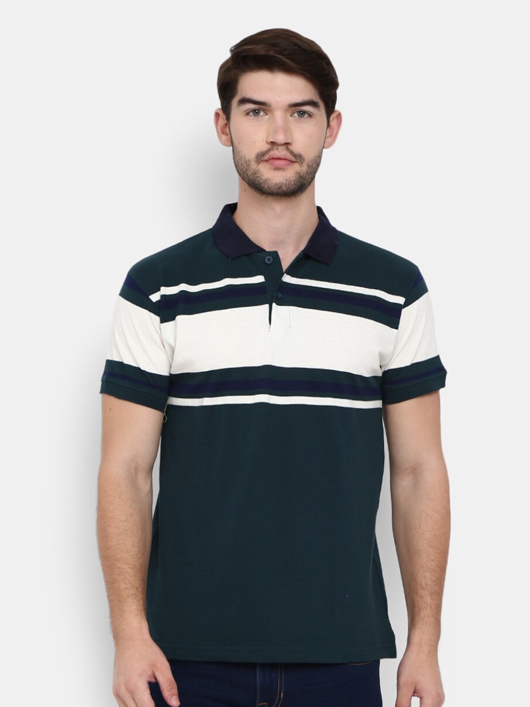 

V-Mart Men Green Striped Polo Collar T-shirt