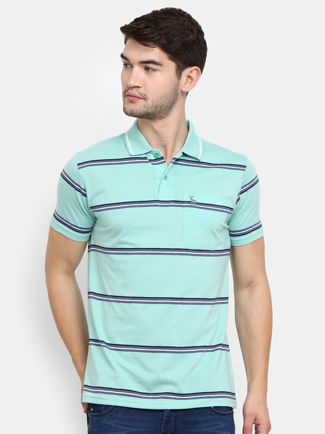 

V-Mart Men Green Striped Poly Cotton Polo Collar T-shirt