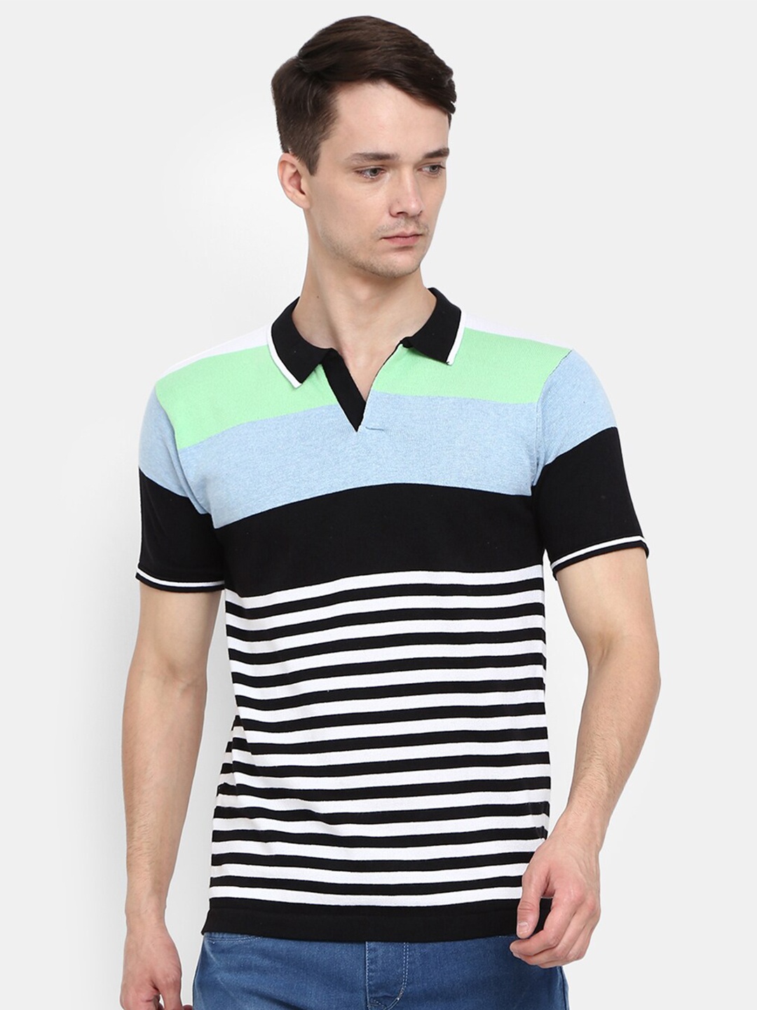 

V-Mart Men Blue Striped Polo Collar Cotton Slim Fit T-shirt