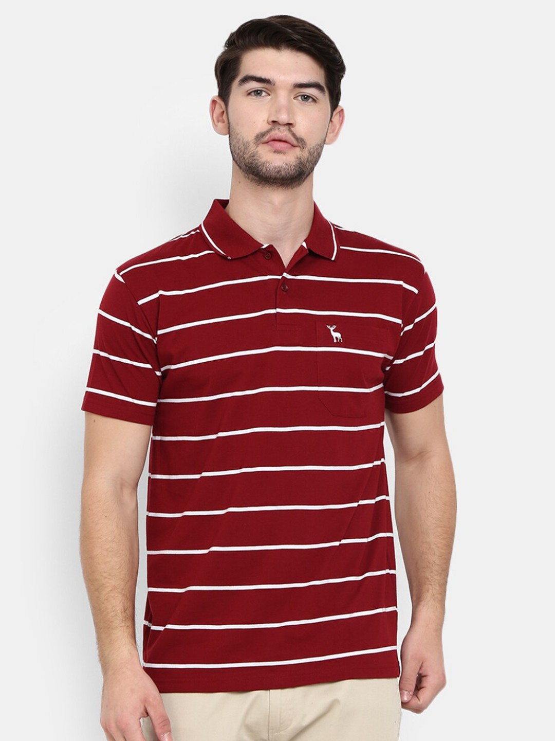 

V-Mart Men Maroon Striped Polo Collar Cotton T-shirt