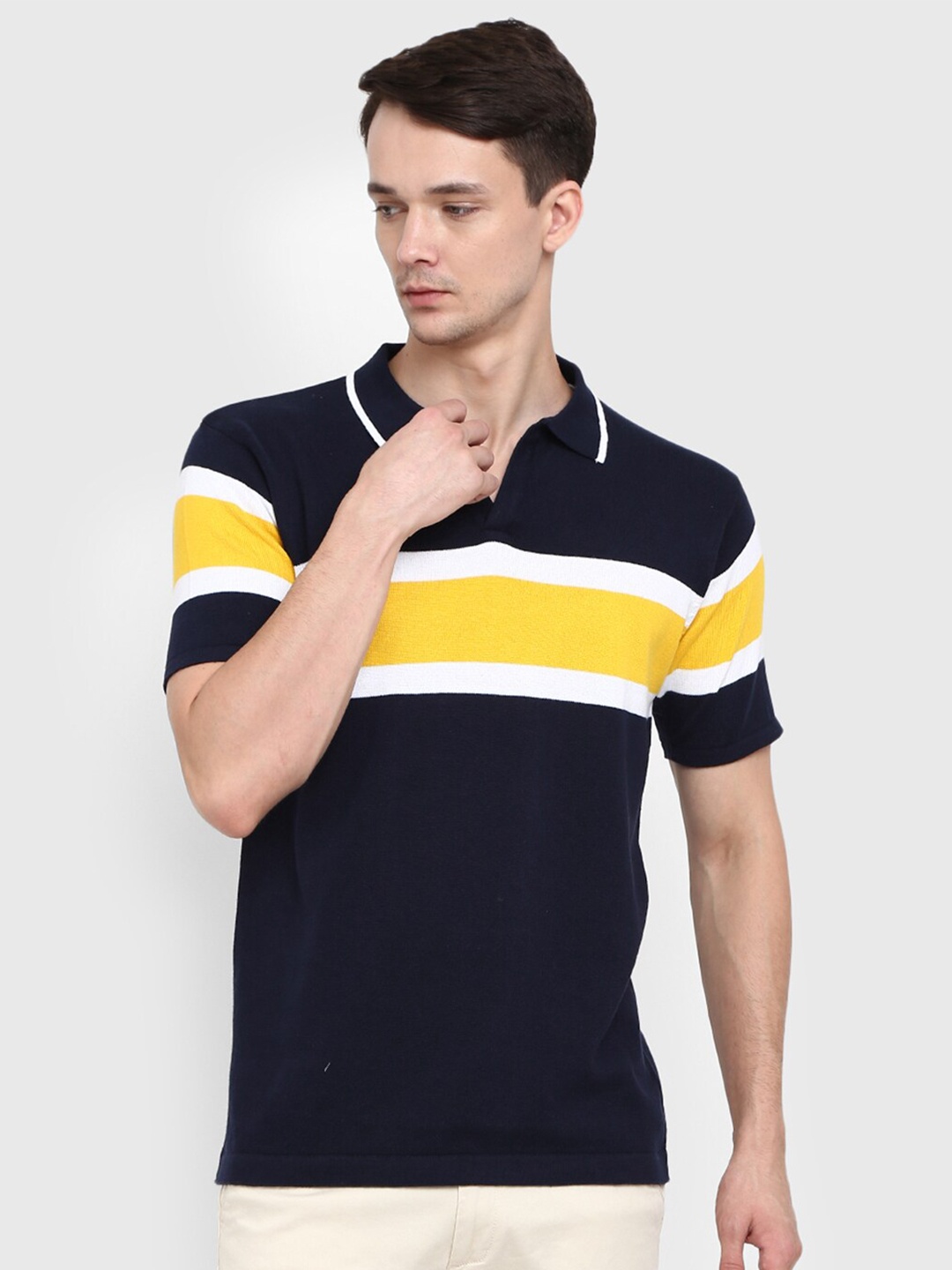 

V-Mart Men Navy Blue Striped Polo Collar Slim Fit Cotton T-shirt