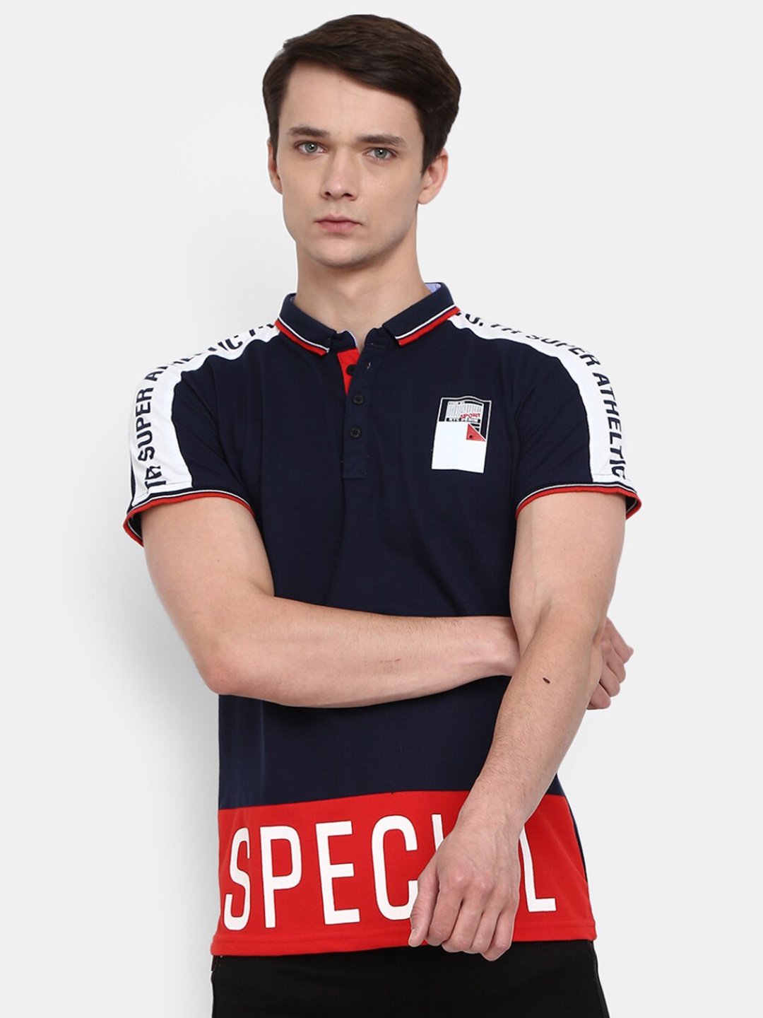 

V-Mart Men Navy Blue Typography Colourblocked Polo Collar Slim Fit T-shirt
