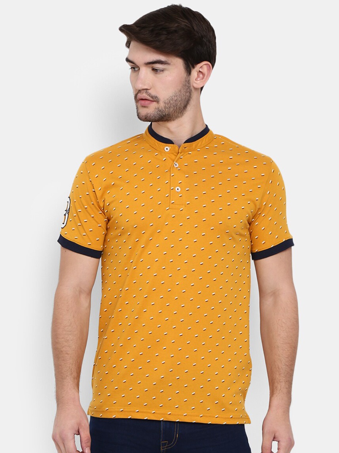 

V-Mart Men Mustard Yellow Printed Mandarin Collar Cotton T-shirt
