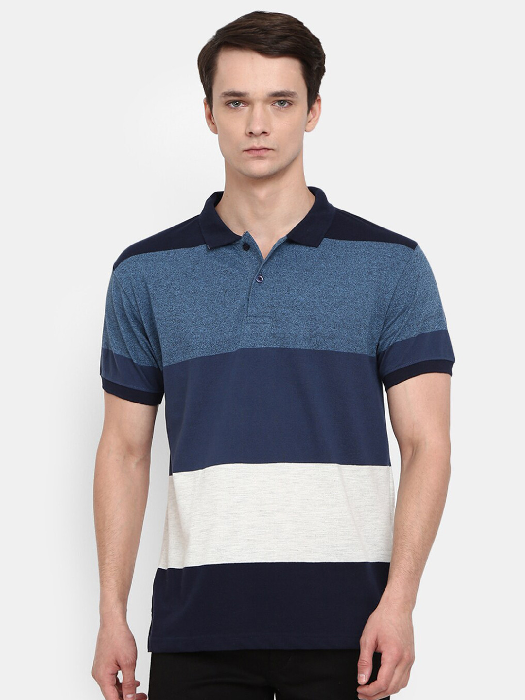 

V-Mart Men Blue & White Colourblocked Polo Collar T-shirt