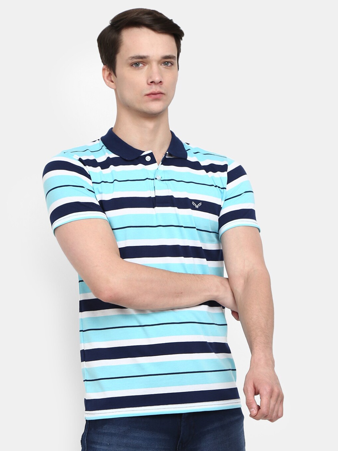 

V-Mart Men Blue & White Brand Logo Striped Polo Collar Slim Fit T-shirt