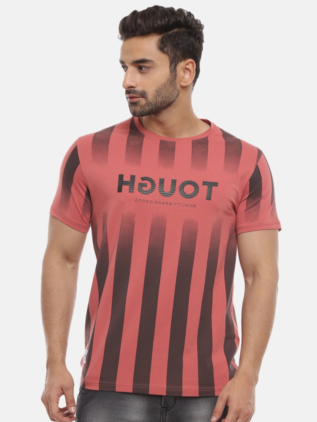 

V-Mart Men Coral Striped Slim Fit Cotton T-shirt