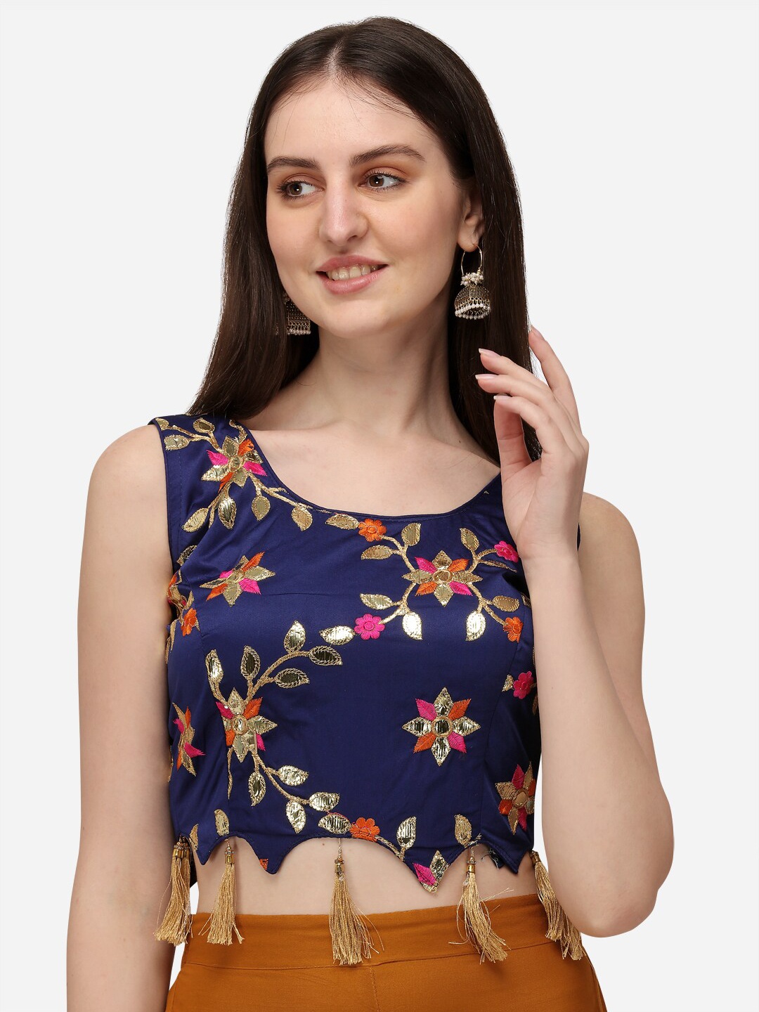 

Fab Viva Blue & Gold-Colored Embroidered Silk Saree Blouse