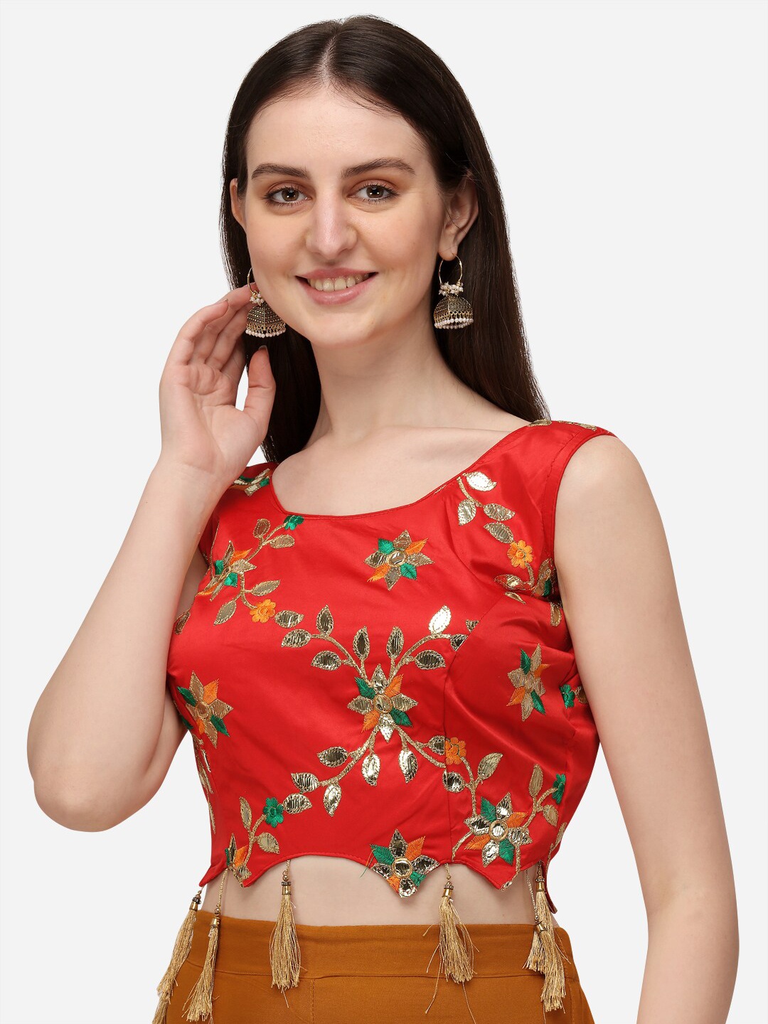 

Fab Viva Women Red Embroidered Silk Round Neck Saree Blouse