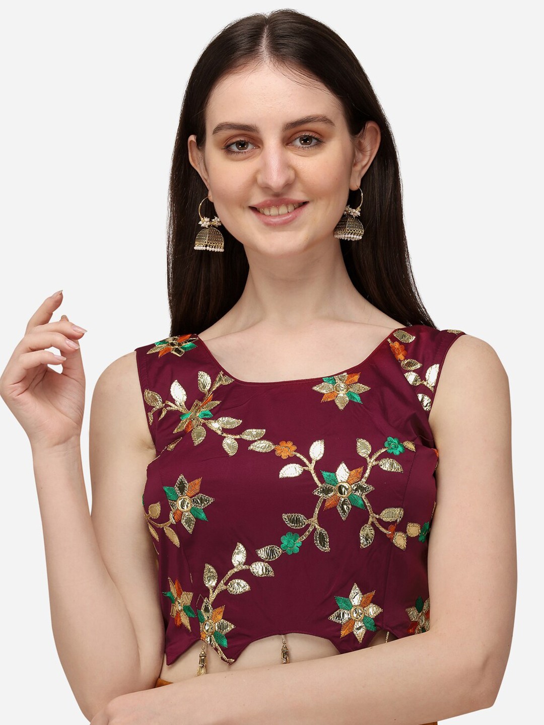 

Fab Viva Maroon Embroidered Round Neck Silk Saree Blouse