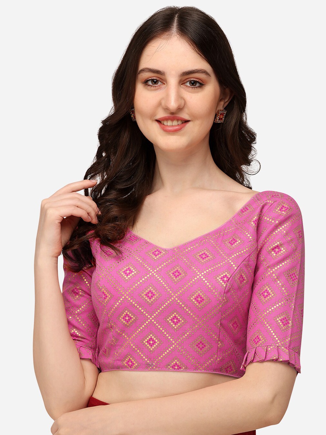 

Fab Viva Women Pink Printed Sweetheart Neck Jacquard Saree Blouse
