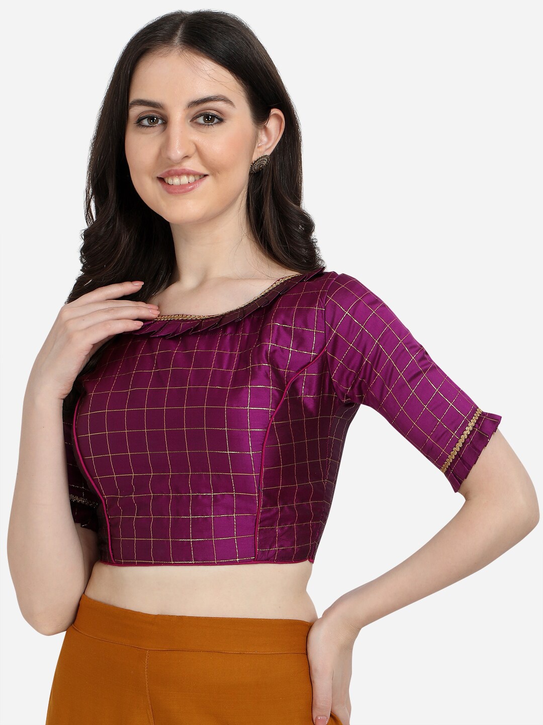 

Fab Viva Women Purple Printed Silk Boat Neck Saree Blouse