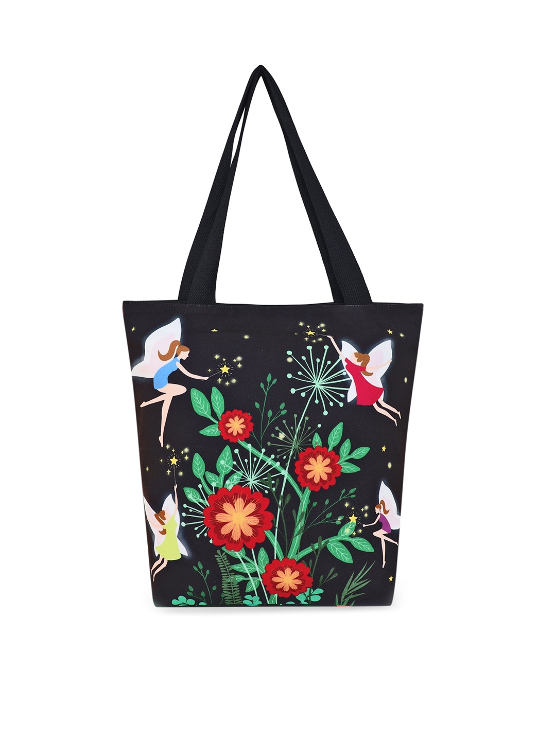 

Sabhyata Black Floral Printed Shopper Handheld Bag with Bow Detail
