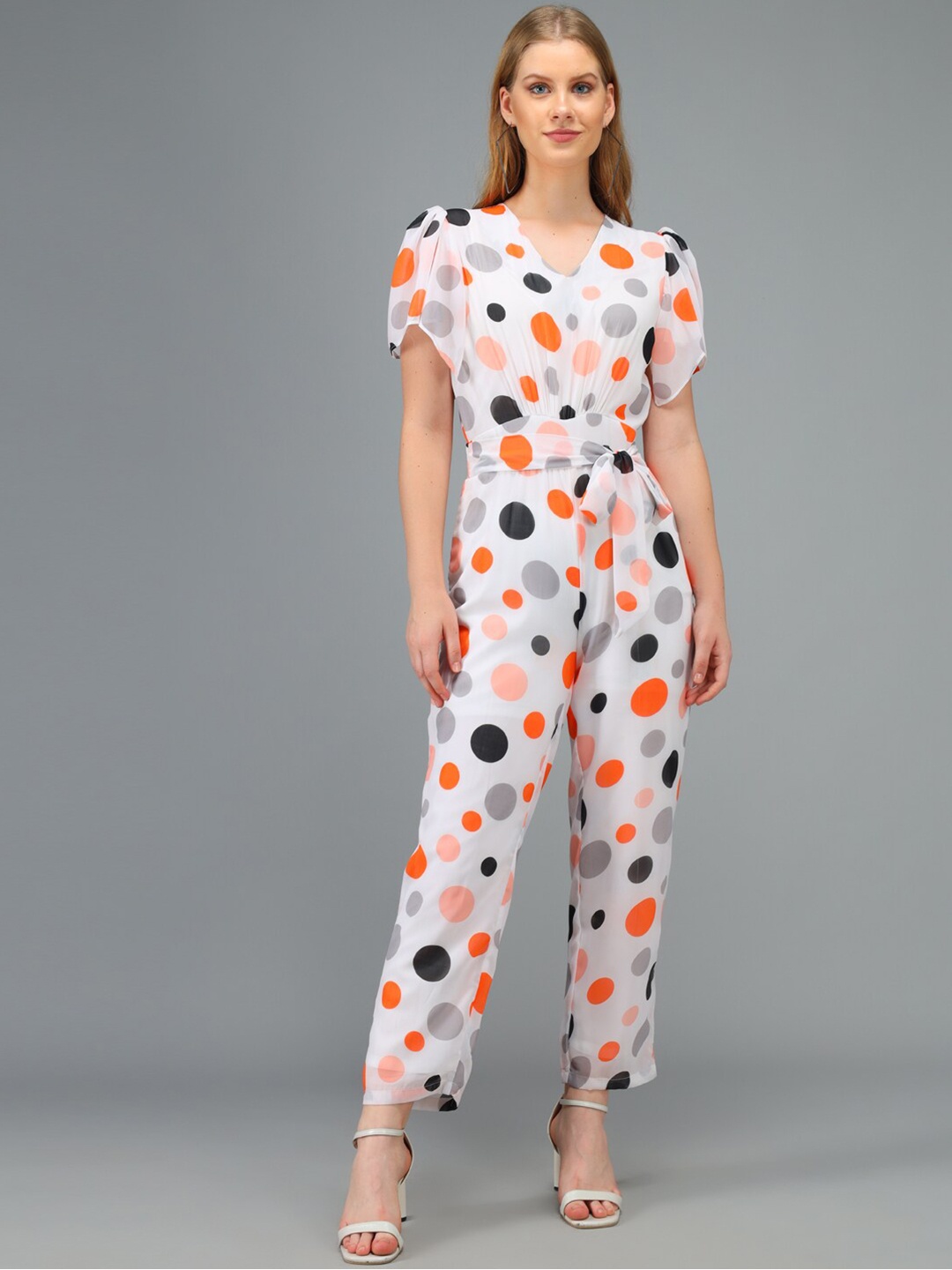 

Kannan Orange & Grey Polka Dots Printed Basic Jumpsuit