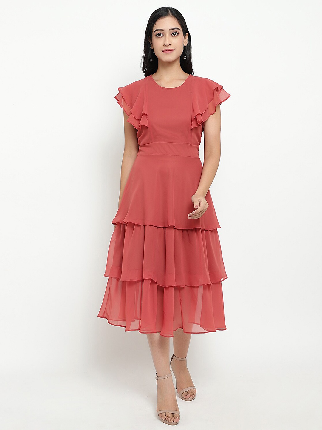 

Kannan Maroon Solid Georgette Midi Dress