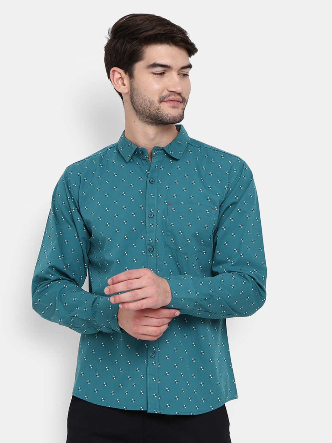 

V-Mart Men Teal Slim Fit Floral Printed Cotton Casual Shirt
