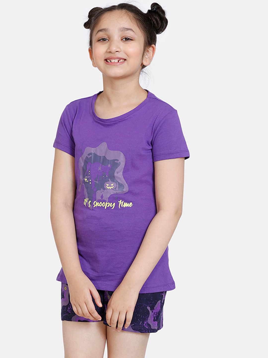 

Zivame Girls Purple & Navy Blue Printed Night Suit