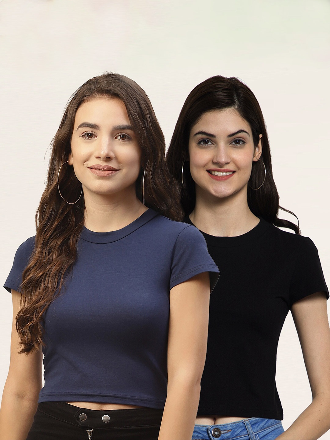 

FEMEA Women Pack of 2 Navy Blue & Black Crop T-shirt