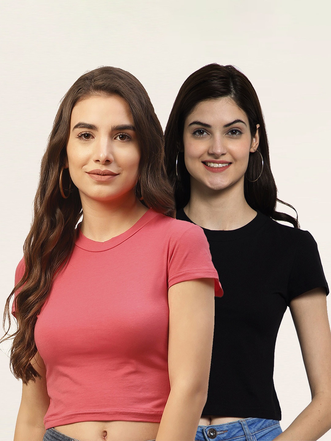 

FEMEA Women Pack of 2 Peach-Coloured & Black Crop Top