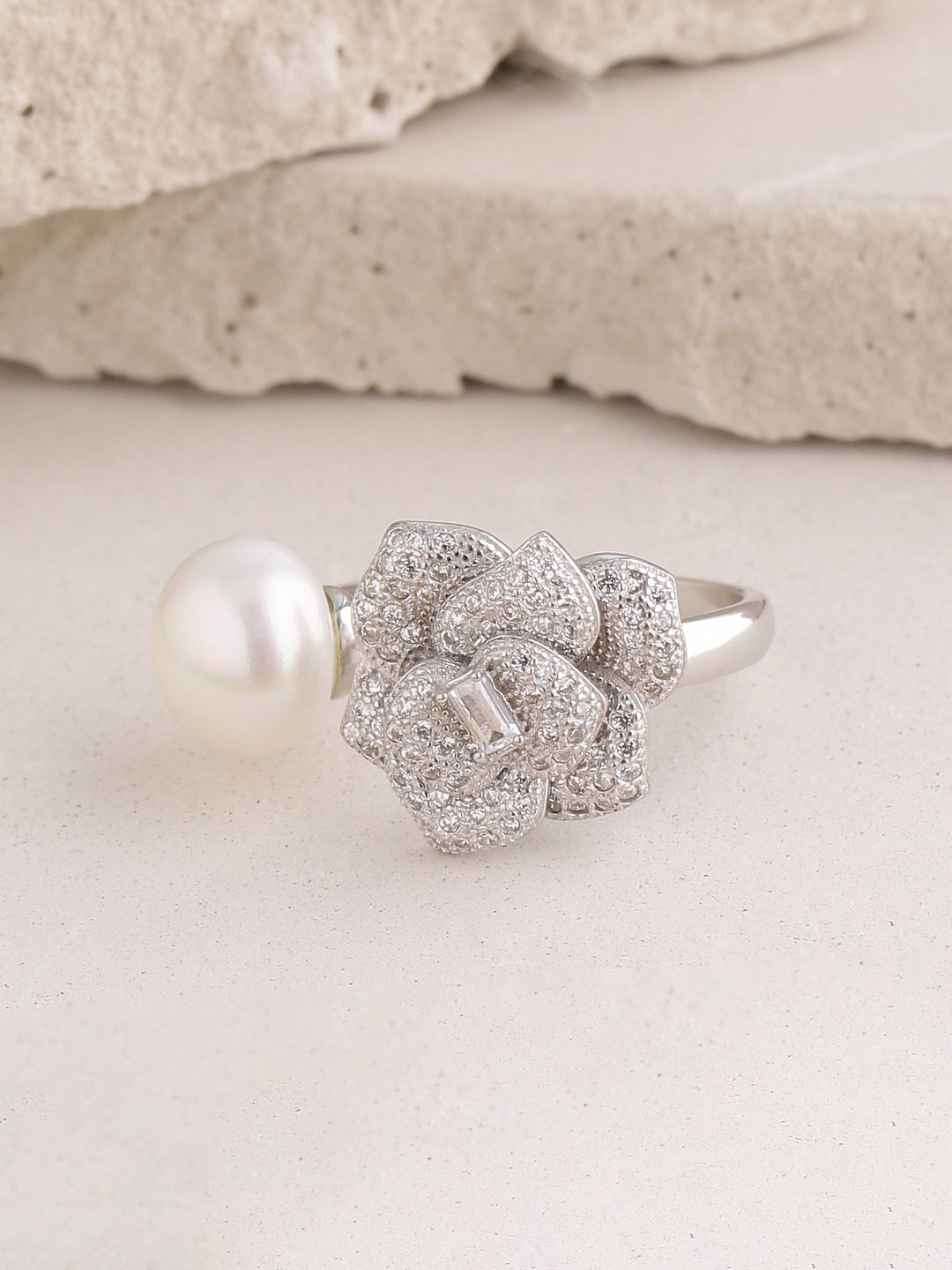 

ADORN by Nikita Ladiwala Silver-Toned & White CZ-Studded Pearl beaded Adjustable Ring