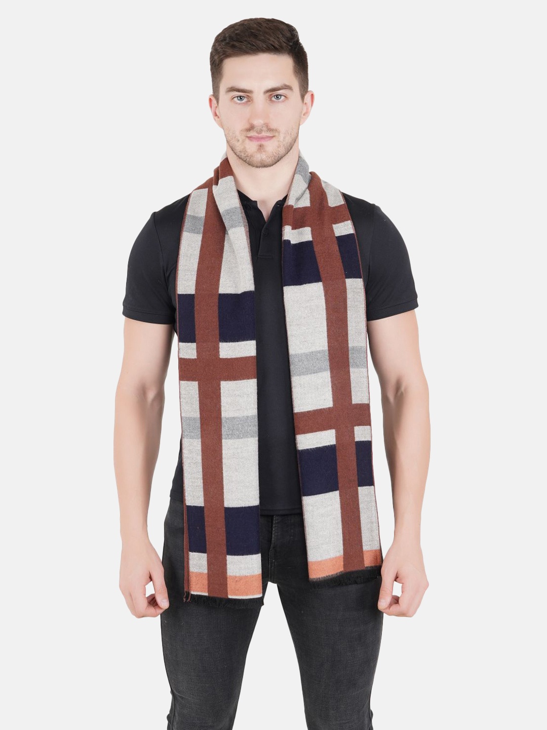 

MUFFLY White & Brown Checked Reversible Printed Mufflers