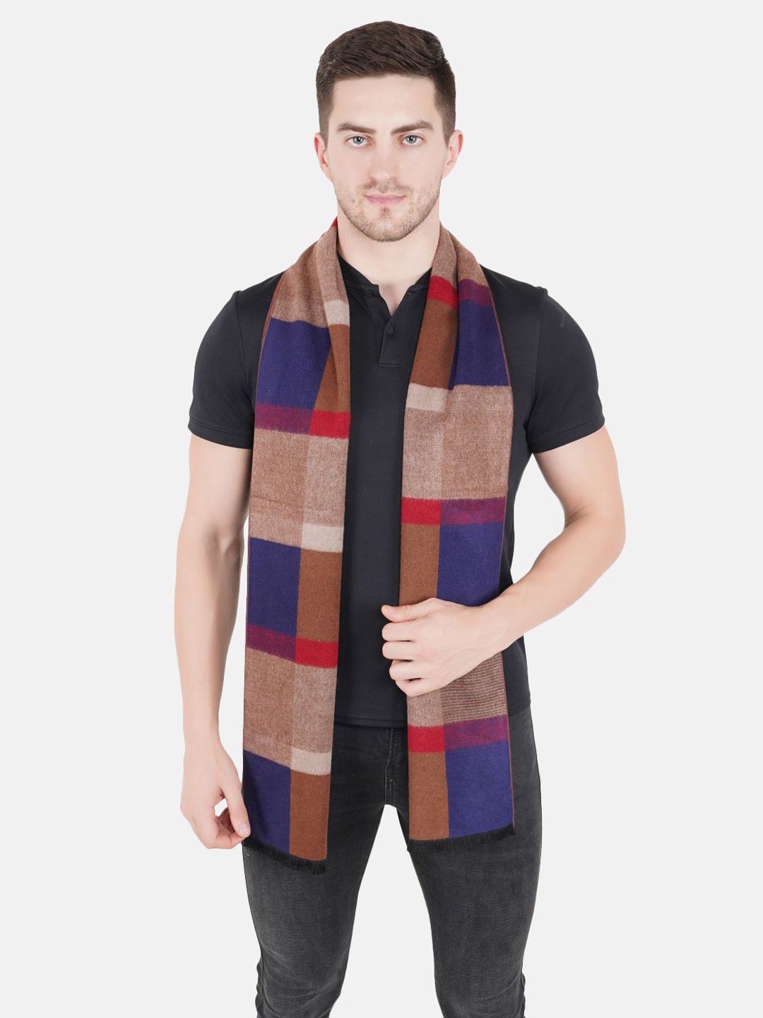 

MUFFLY Unisex Brown & Blue Checked Wool & Acrylic Muffler